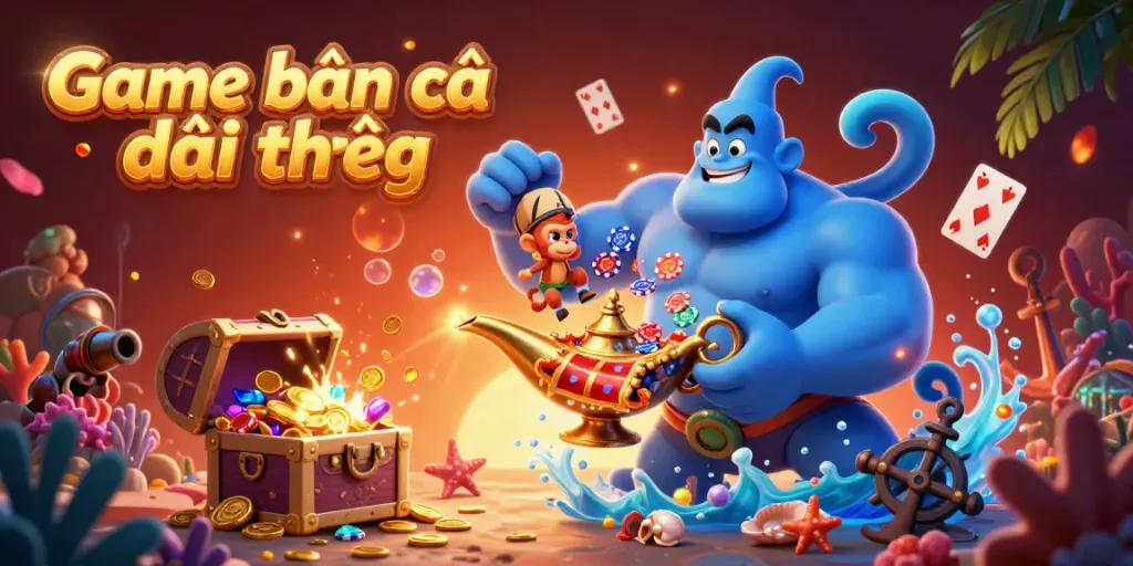 Engaging scene of Game bắn cá đổi thưởng featuring a genie and underwater treasures enticing players.