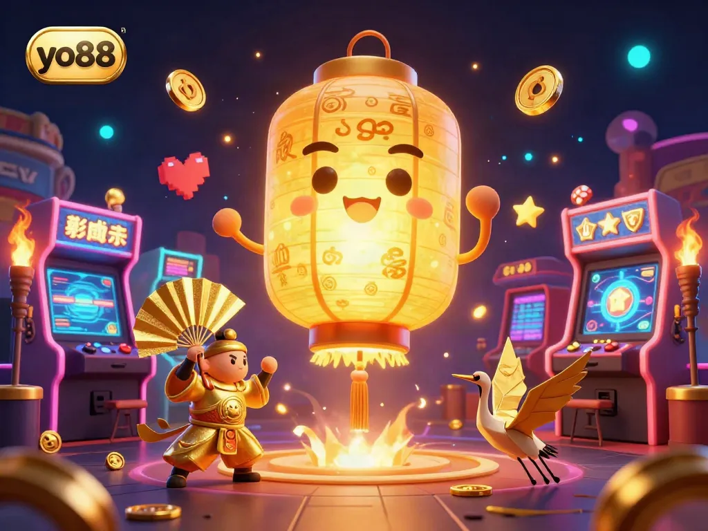 Experience vibrant gaming excitement with the yo88 casino spirit surrounded by golden warriors and colorful arcade machines.
