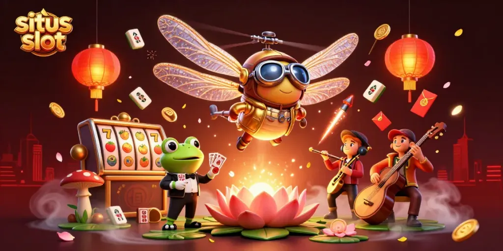 Situate yourself with situs slot as a vibrant dragonfly pilot oversees a lily pad casino filled with slot reels