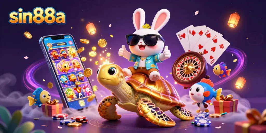 Experience sin88a casino action with a lucky rabbit and golden turtle amidst colorful gaming elements.