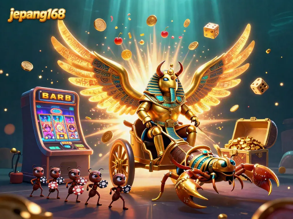 Experience the vibrant world of jepang168 with a dynamic scene showcasing a golden scarab, scorpions, and casino elements.