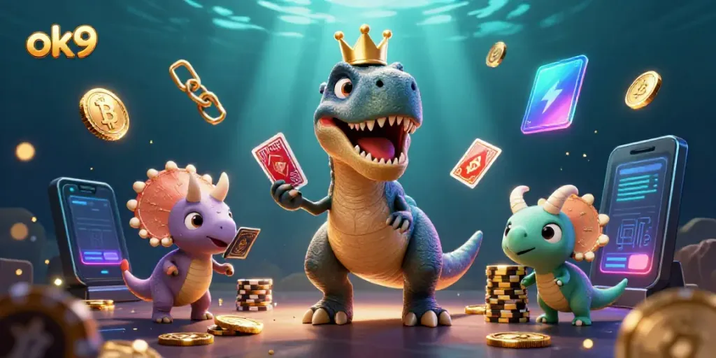 Engaging illustration of ok9 gambling scene with cartoon T-Rex and friends casinos cards and chips.