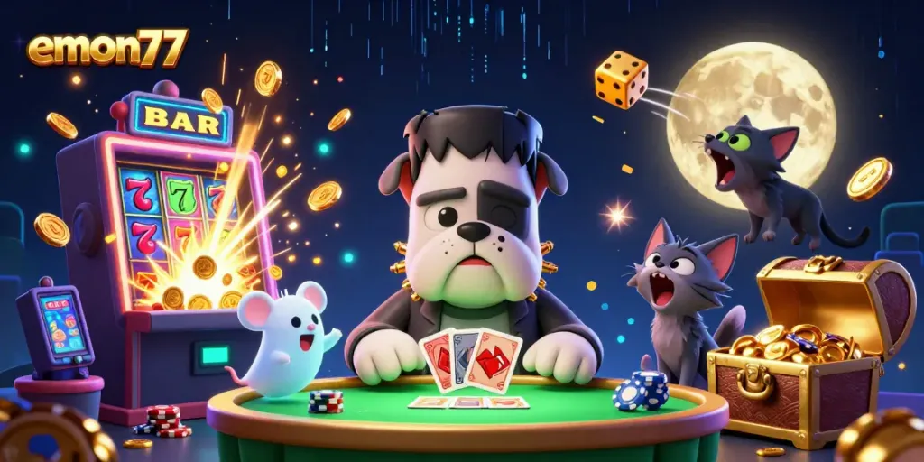 Experience thrilling casino action with emon77's unique character mashup in a vibrant gaming scene.