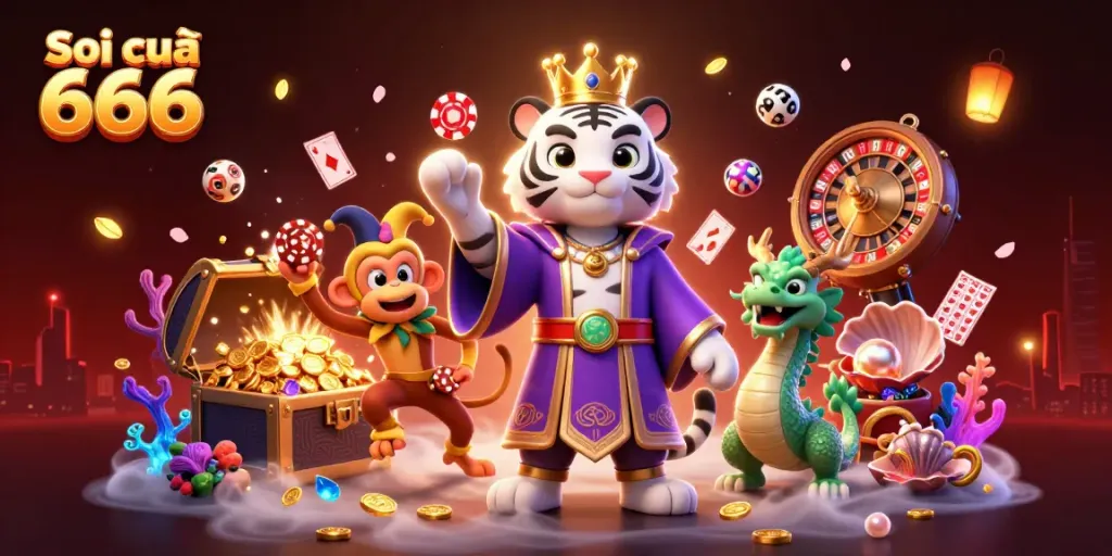 Soi cầu 666 features vibrant 3D characters exploring the world of lottery while juggling poker chips.