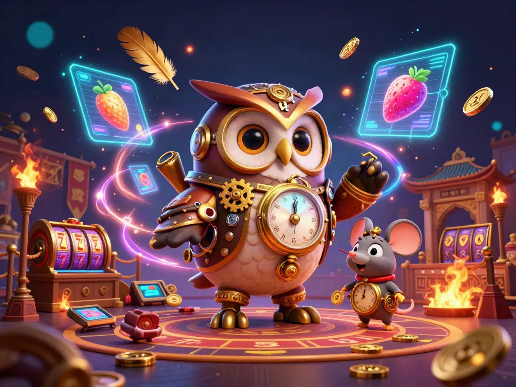 Experience thrilling B52 gameplay with a cartoon time-traveling owl in a vibrant steampunk casino.