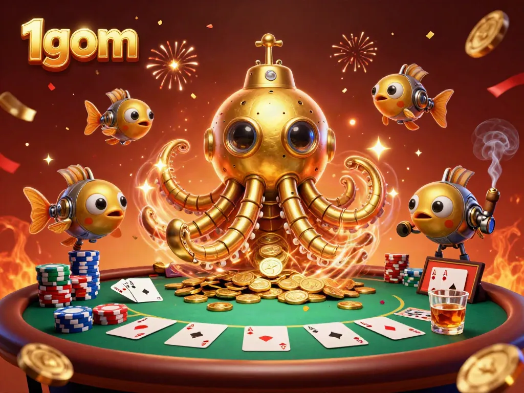 Engaging scene of 1gom showcasing a kraken submarine amidst golden coins and poker elements.