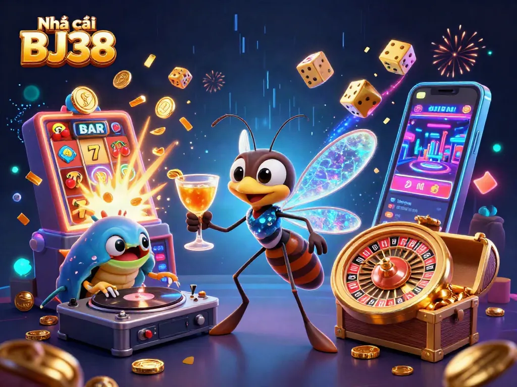 Experience the thrilling adventure at Nhà cái BJ38 with a vibrant 3D casino mascot scene.