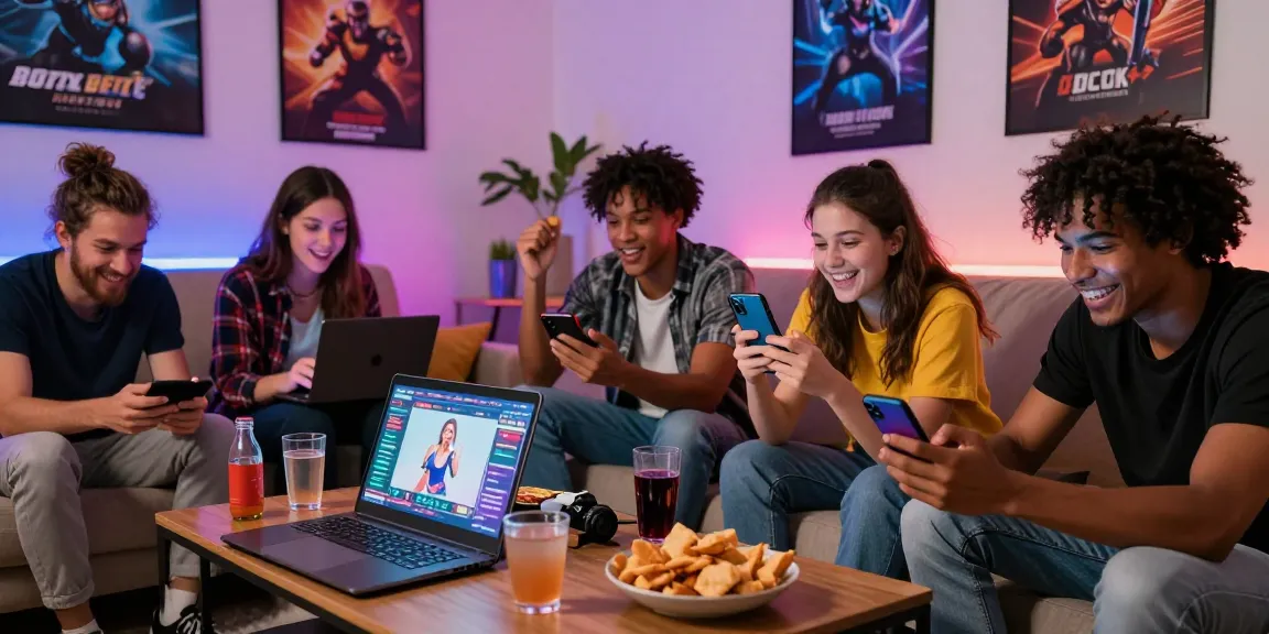 Friends enjoying free sex games on multiple devices in a cozy gaming setup.