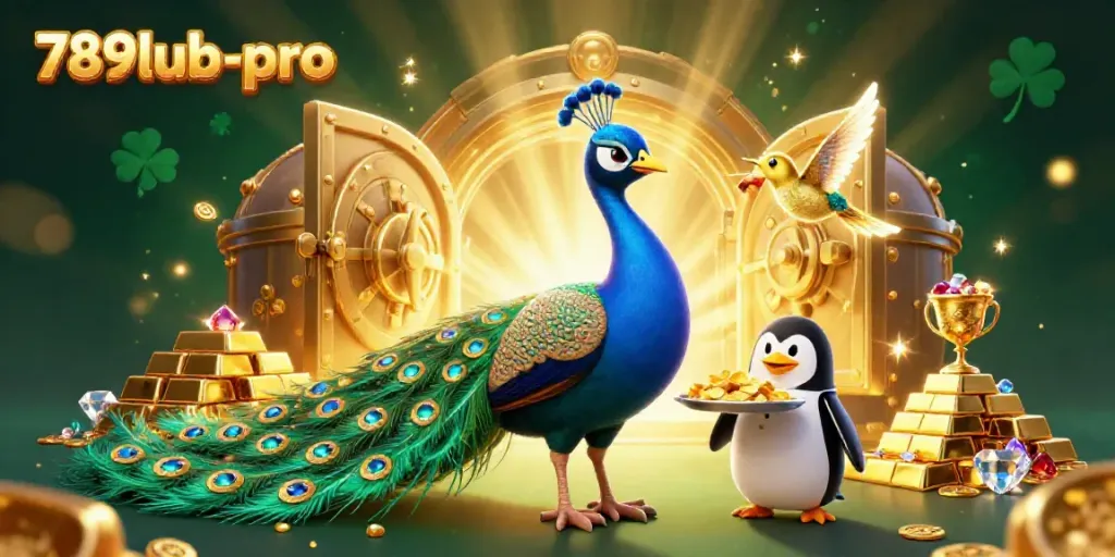 Experience the thrill of 789lub-pro with vibrant casino-themed 3D illustration showcasing majestic characters and treasure.