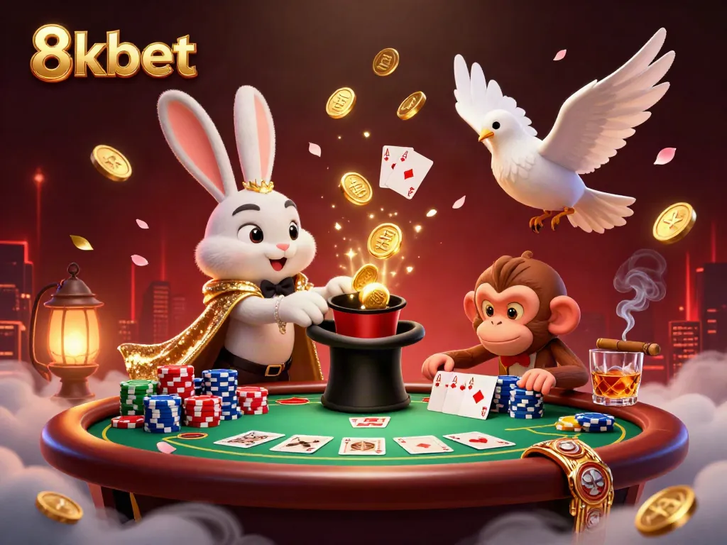 Engage with thrilling 8kbet action featuring a magician rabbit, poker chips, and magical elements.