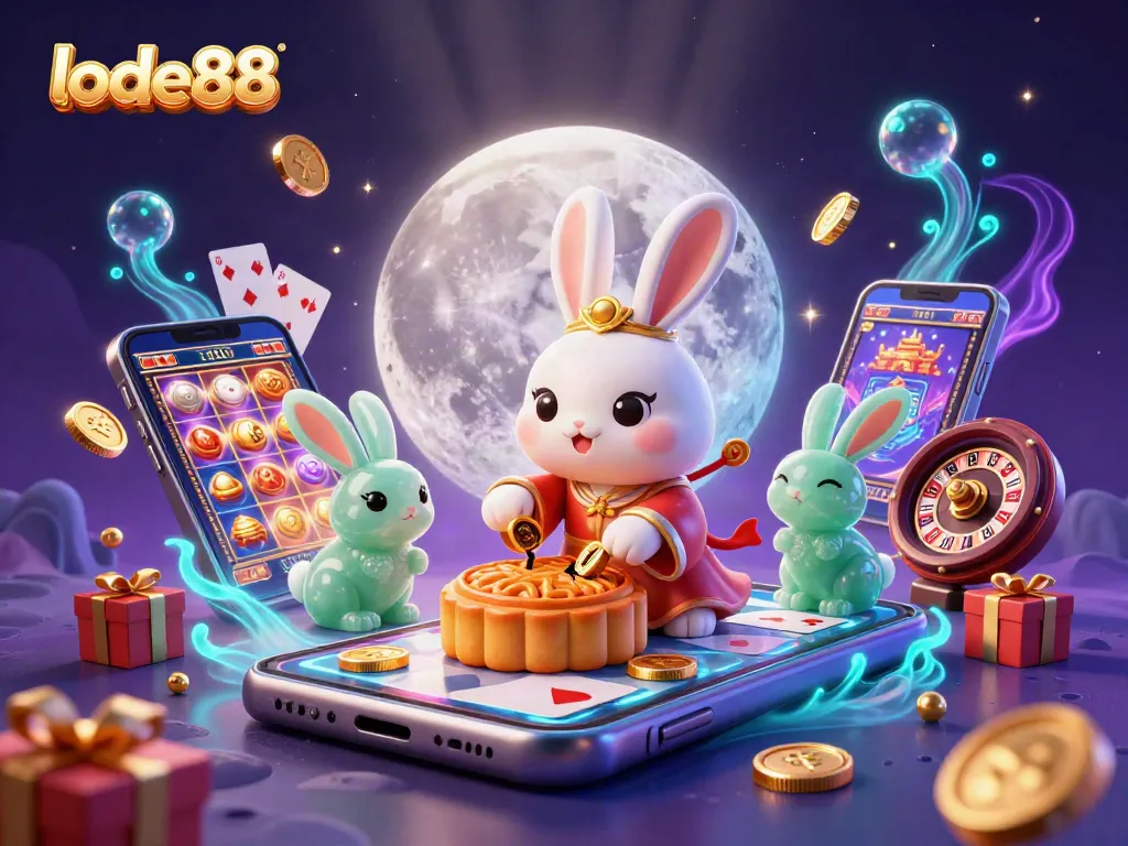 Experience lode88 with an exciting digital illustration of a casino-themed scene featuring a moon rabbit.