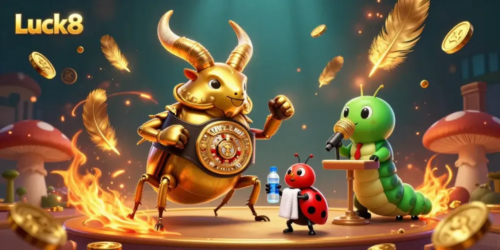 Bet on Luck8 as a giant golden stag beetle fights in a vibrant, dynamic casino setting.