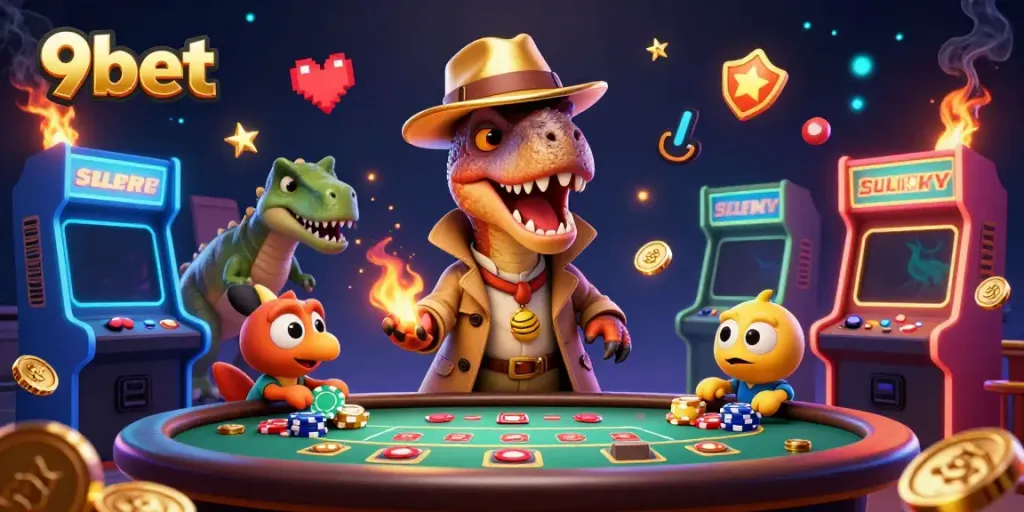 Engage in thrilling blackjack action with 9bet's animated velociraptor card counter and colorful casino elements!