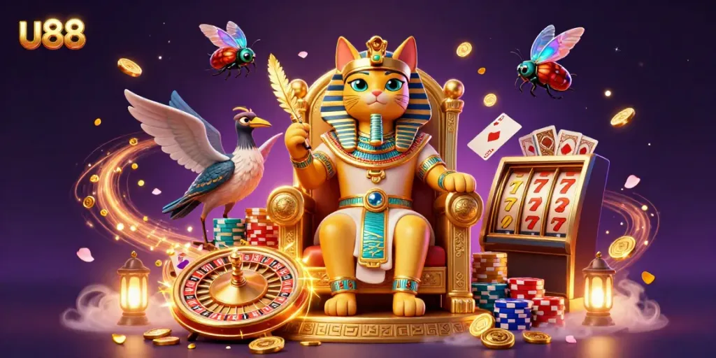 Experience the excitement at u88 casino with a vibrant 3D illustration showcasing a pharaoh cat surrounded by dazzling treasures and festive game elements.