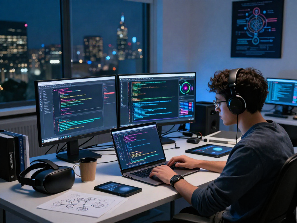 AI chat nsfw development scene with a focused developer coding in a vibrant tech lab.
