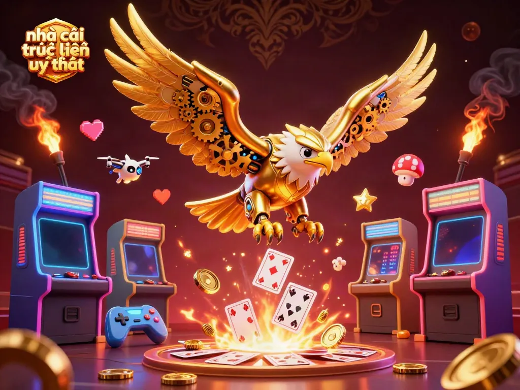 Engage with nhà cái trực tuyến uy tín at this vibrant casino scene featuring a cybernetic eagle and holographic cards.