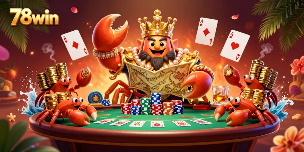 Experience thrilling poker action in 78win's vibrant online casino world with a majestic crab emperor.
