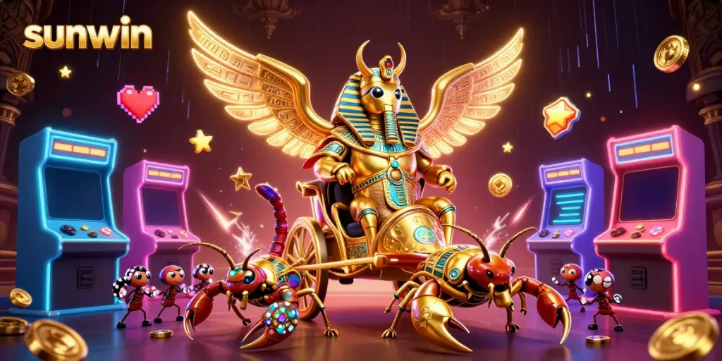Engage with the vibrant sunwin casino experience featuring a golden scarab beetle and dynamic game elements.