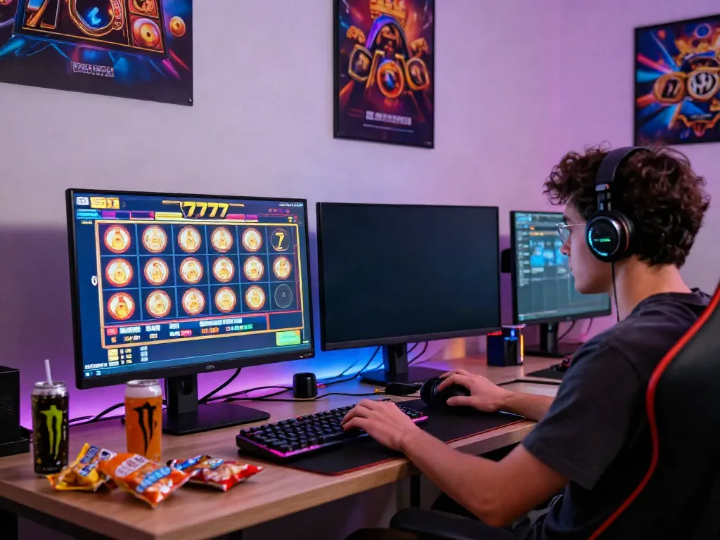 Engaging scene of a gamer focused on slot777 gameplay, modern setup with vibrant visuals and gaming accessories.