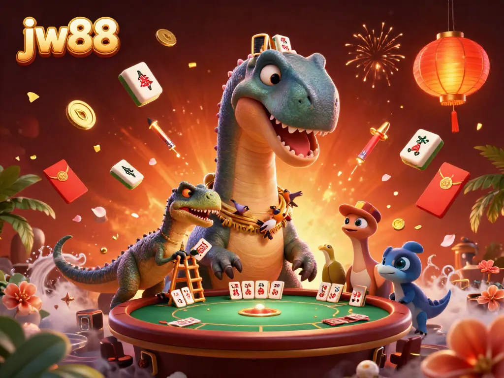 Experience the excitement of jw88 with a vibrant casino scene featuring a brontosaurus and a clever raptor dealing cards.