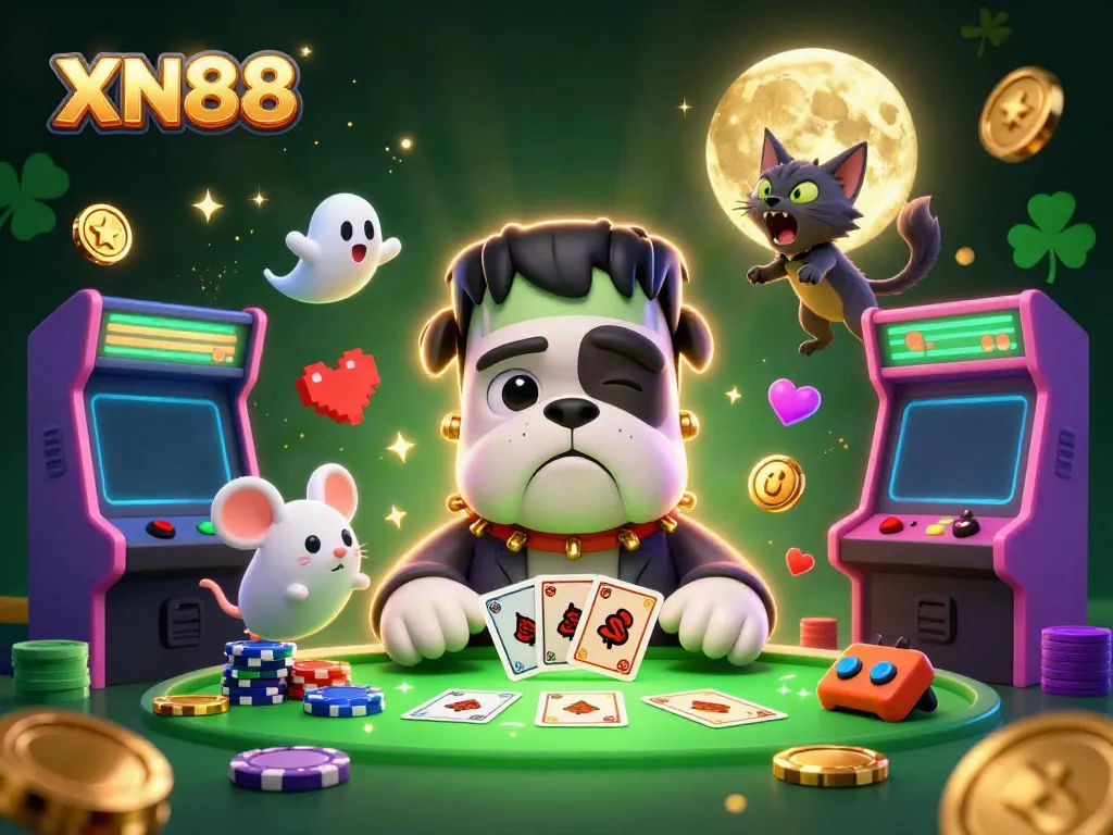 Experience XN88 with a cartoon monster dealer, ghost mouse, and werewolf kitten at a vibrant casino table.