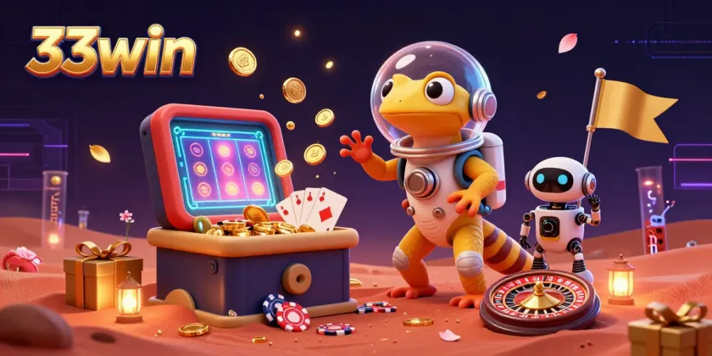 Experience the excitement of 33win with a Martian gecko discovering a colorful casino!