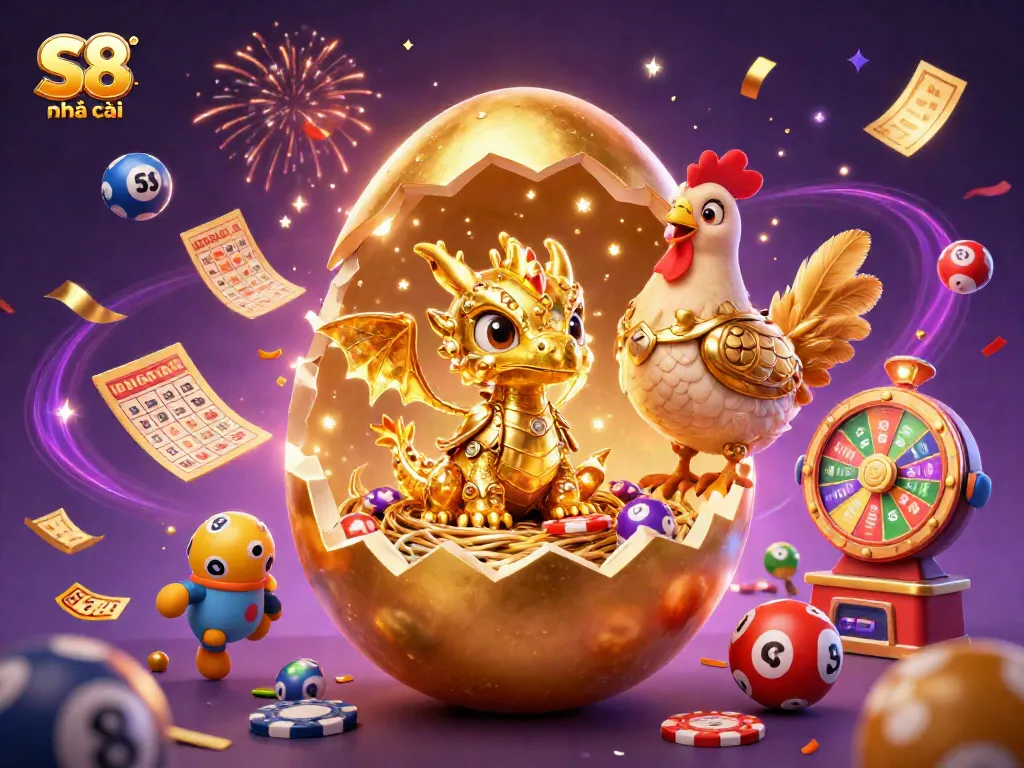 Engage with the dynamic atmosphere of S8 nhà cái, featuring a golden dragon emerging amid vibrant gaming elements and lottery surprises.