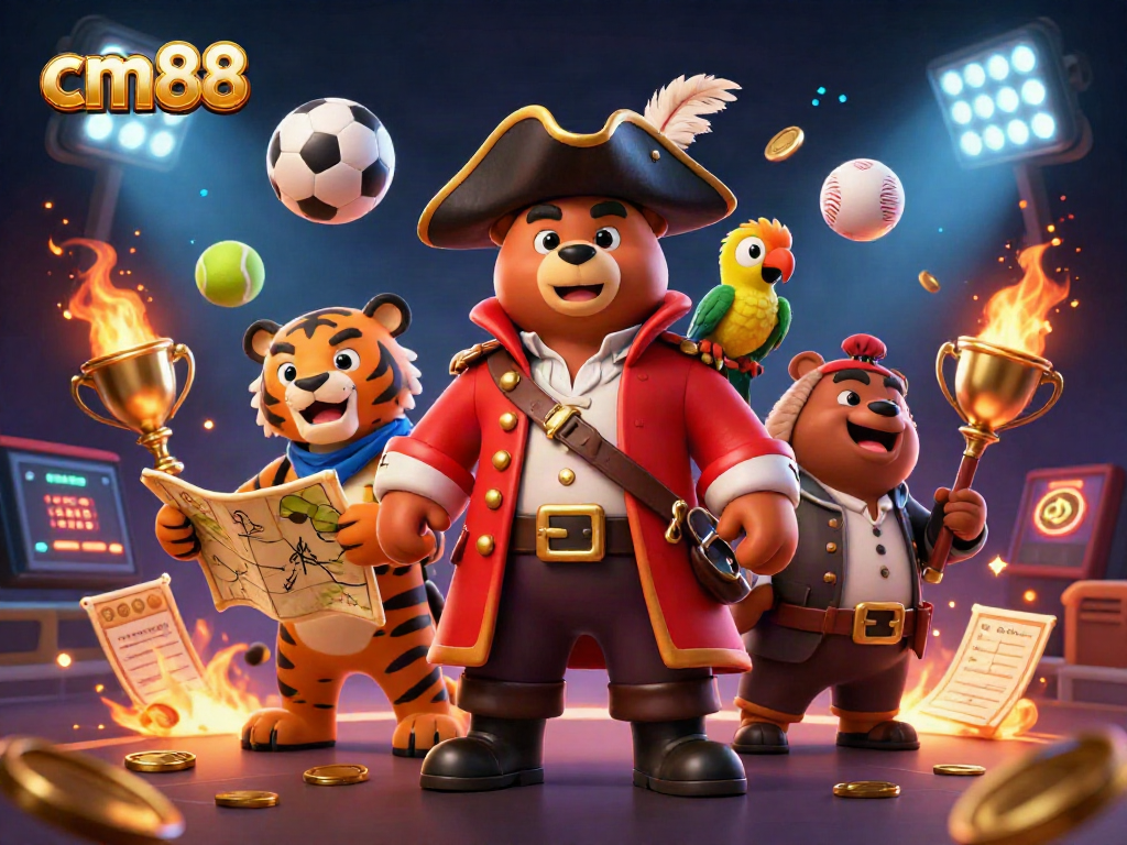 Engage in thrilling action with cm88 featuring a pirate bear and tiger in a vibrant casino scene.
