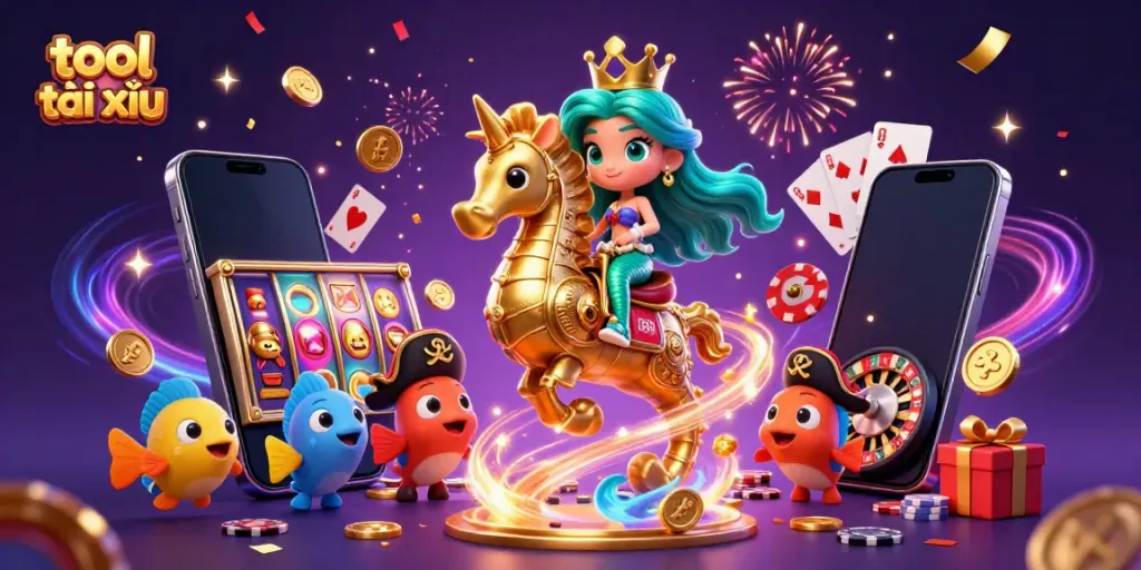 Experience the excitement of tool tài xỉu in a vibrant casino-themed illustration with mermaids and treasures.
