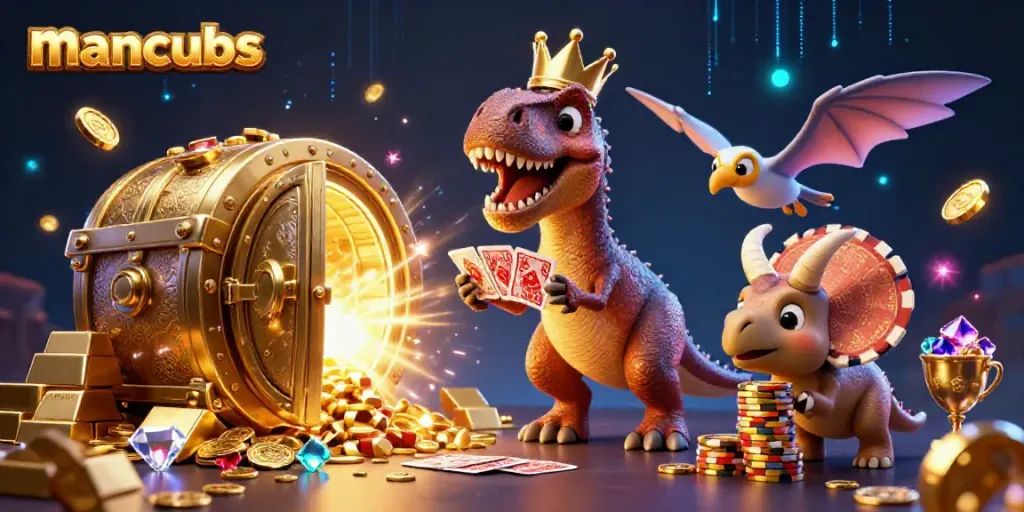 Experience excitement at manclubs with friendly T-Rex dealing cards and baby triceratops stacking chips in a vibrant casino scene.