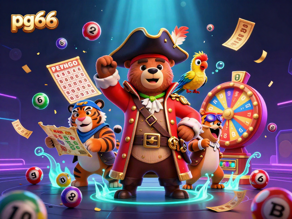 Win big with pg66 at this vibrant lottery scene featuring a cartoon pirate bear and friends.