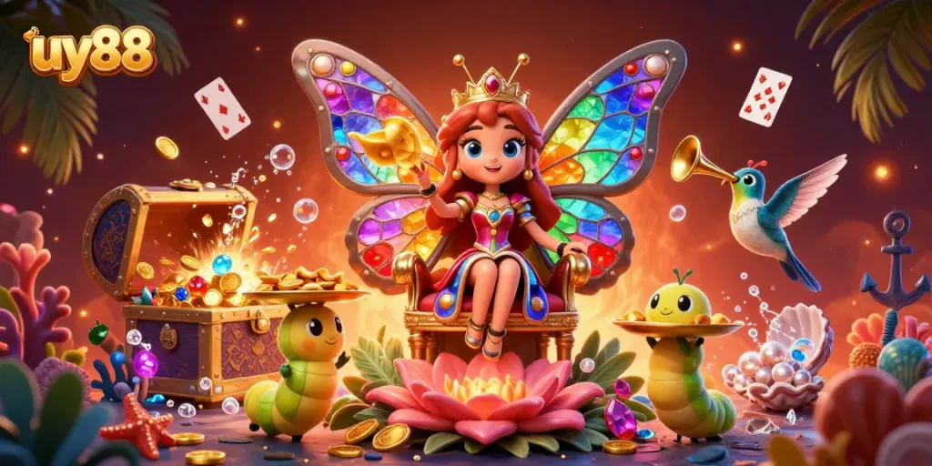 Experience the vibrant world of uy88 with a captivating butterfly queen amidst golden gaming treasures.