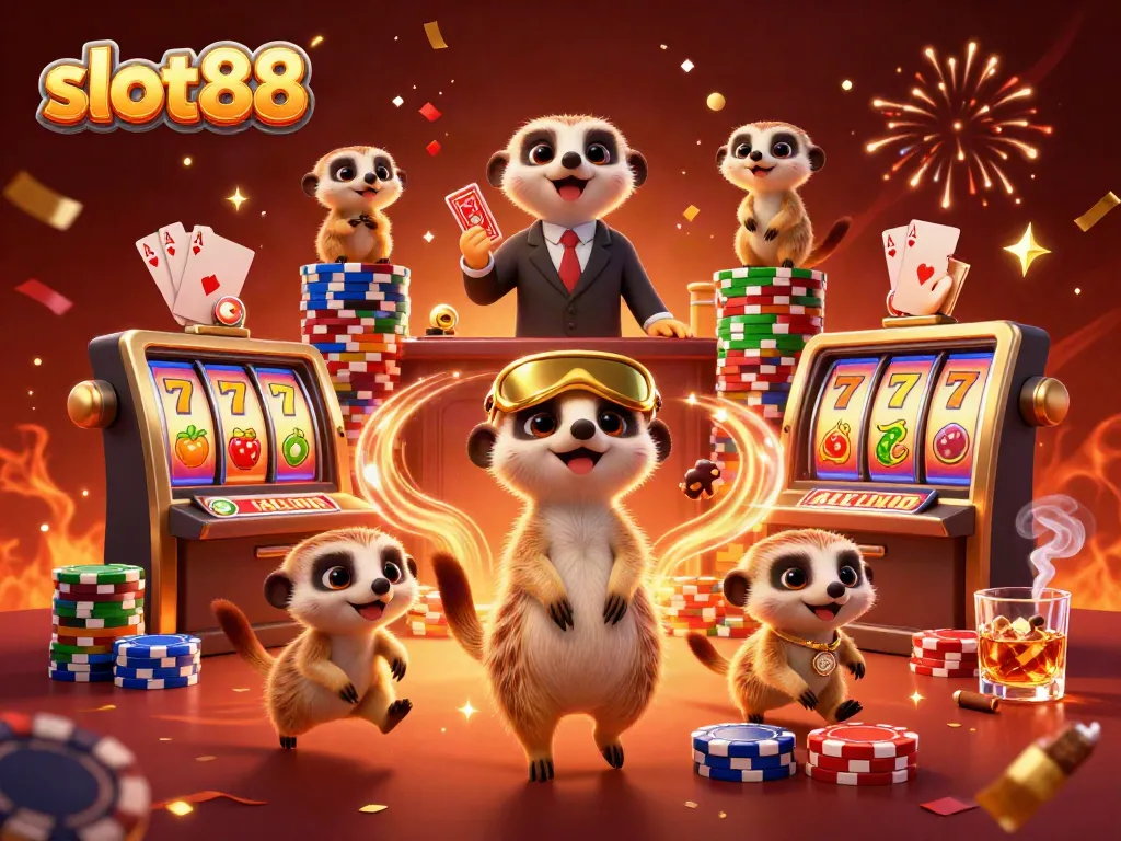 Permainan slot88 dengan meerkat beraksi di kasino, simbol buah dan jackpot muncul.