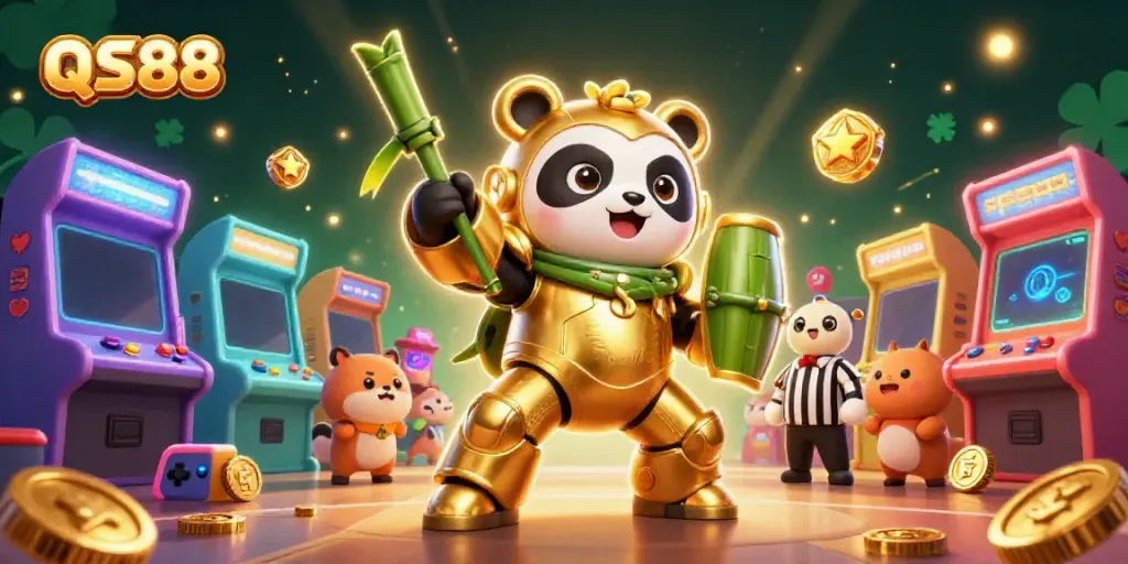 Experience thrilling adventures at QS88 with a mech-suit panda in an exciting casino arena.