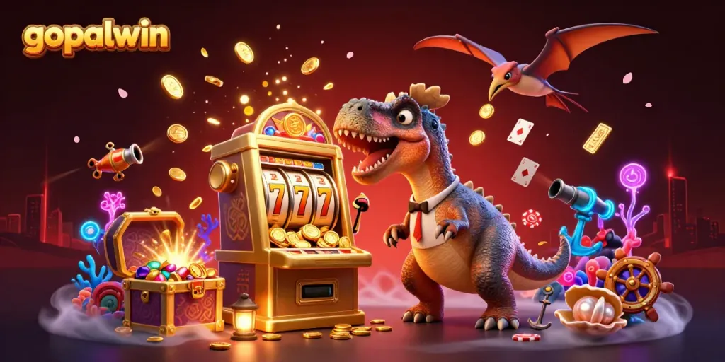 Engage with gopalwin's thrilling jackpot scene featuring playful dinosaurs and dynamic slot elements