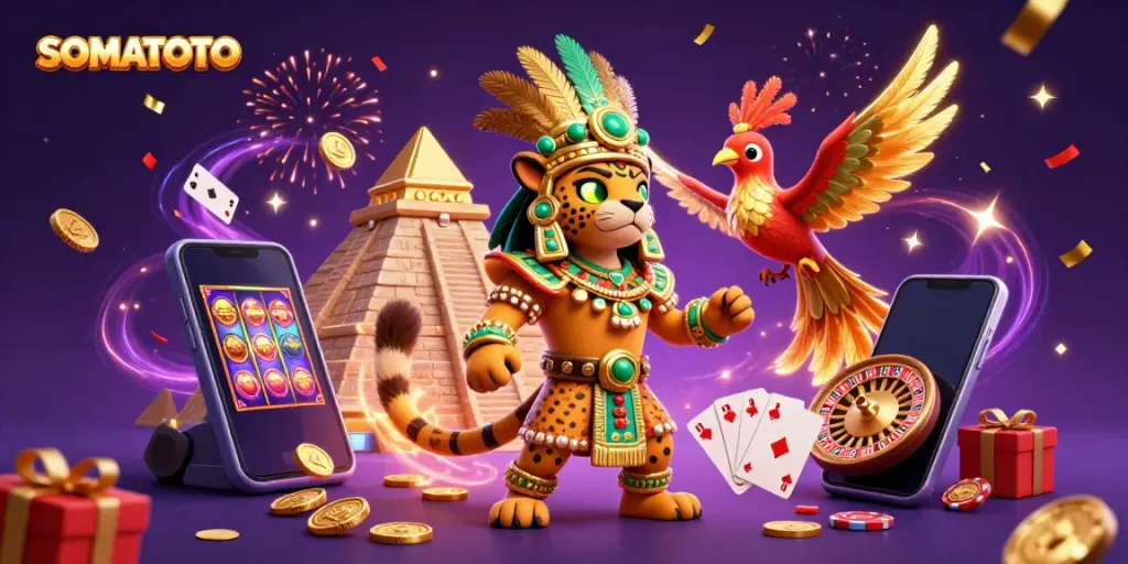 Experience SOMATOTO with a lively casino scene featuring a Mayan priest, vibrant game elements, and festive details.