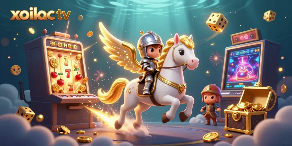 Xoilac TV showcases a celestial-themed 3D illustration featuring a golden-winged horse and knight amidst casino elements.