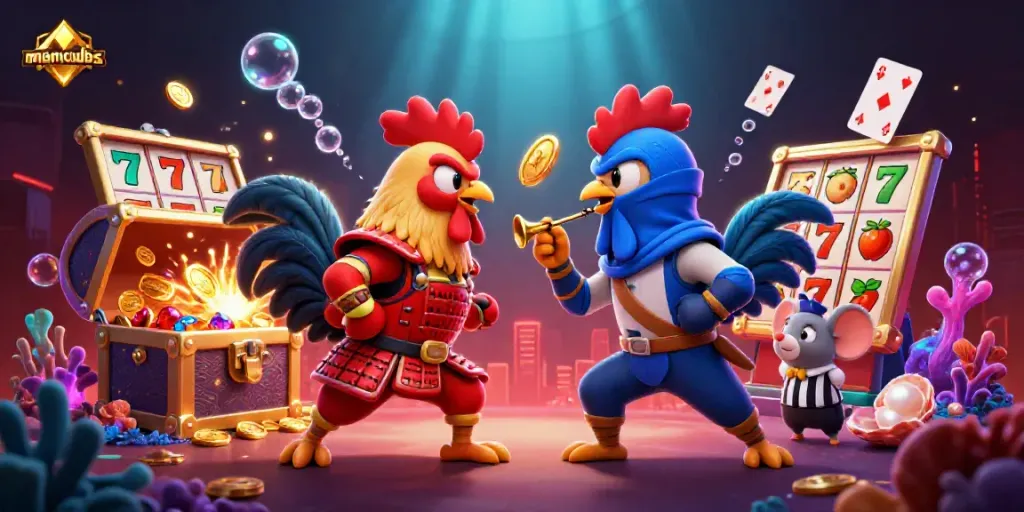 manclubs showcases an epic duel between samurai and ninja roosters amid dynamic casino elements.