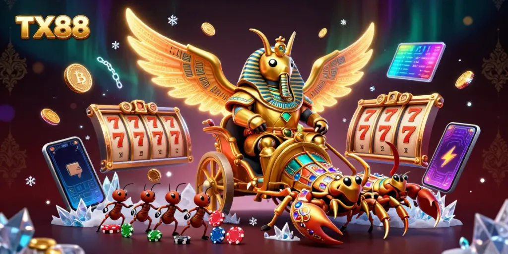 TX88 offers an electrifying casino experience with vibrant 3D characters, golden beetles, and colorful slot elements.