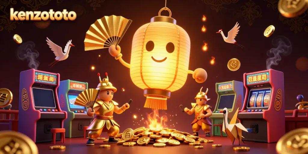 Experience the excitement of kenzototo with vibrant golden game elements and characters in a lively casino atmosphere.