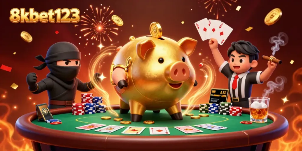 Experience the thrill of 8xbet123 with dynamic casino action featuring a golden piggy bank sumo wrestler and vibrant poker elements.