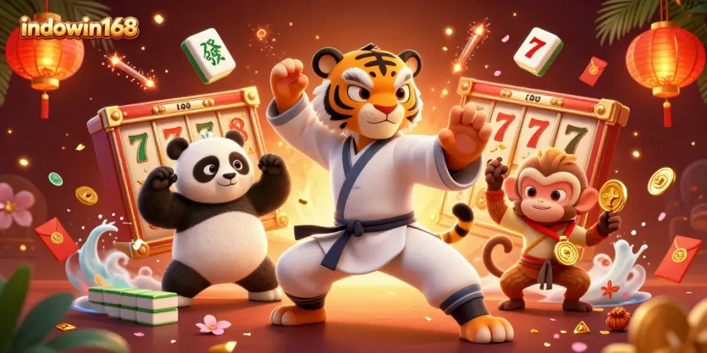 Win big with indowin168 featuring a kung fu tiger and friends in a vibrant casino scene.