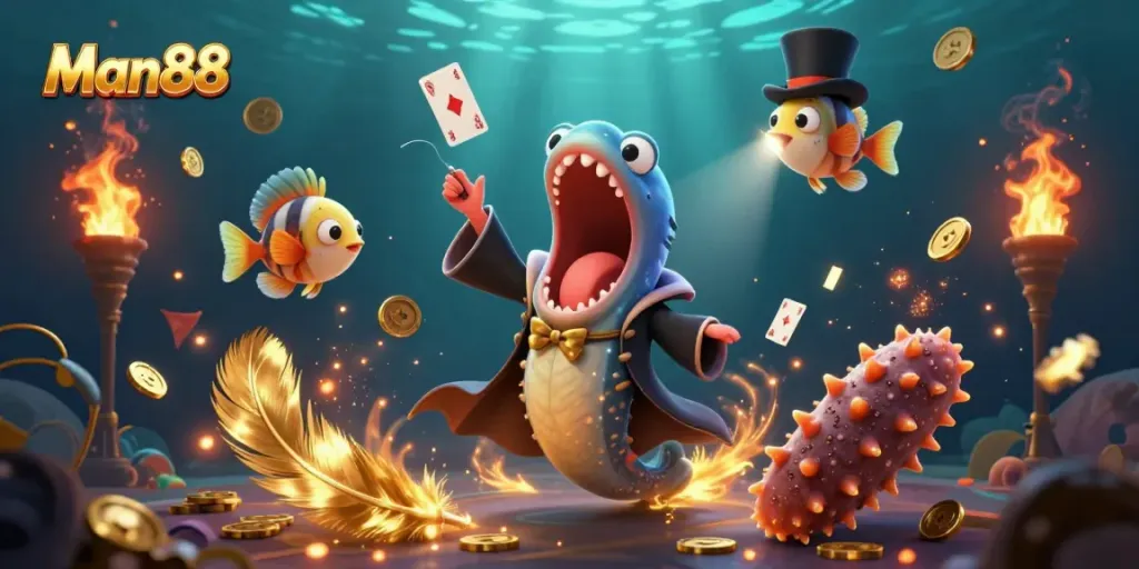 Experience thrilling card tricks at Man88 with unique underwater characters and magical casino elements.