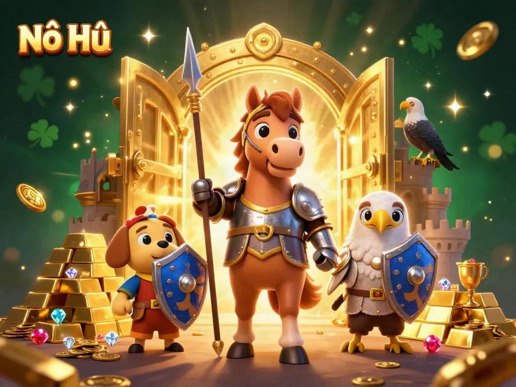 Experience the excitement of Nổ Hũ with knights, treasure, and jackpot symbols in this vibrant casino scene.