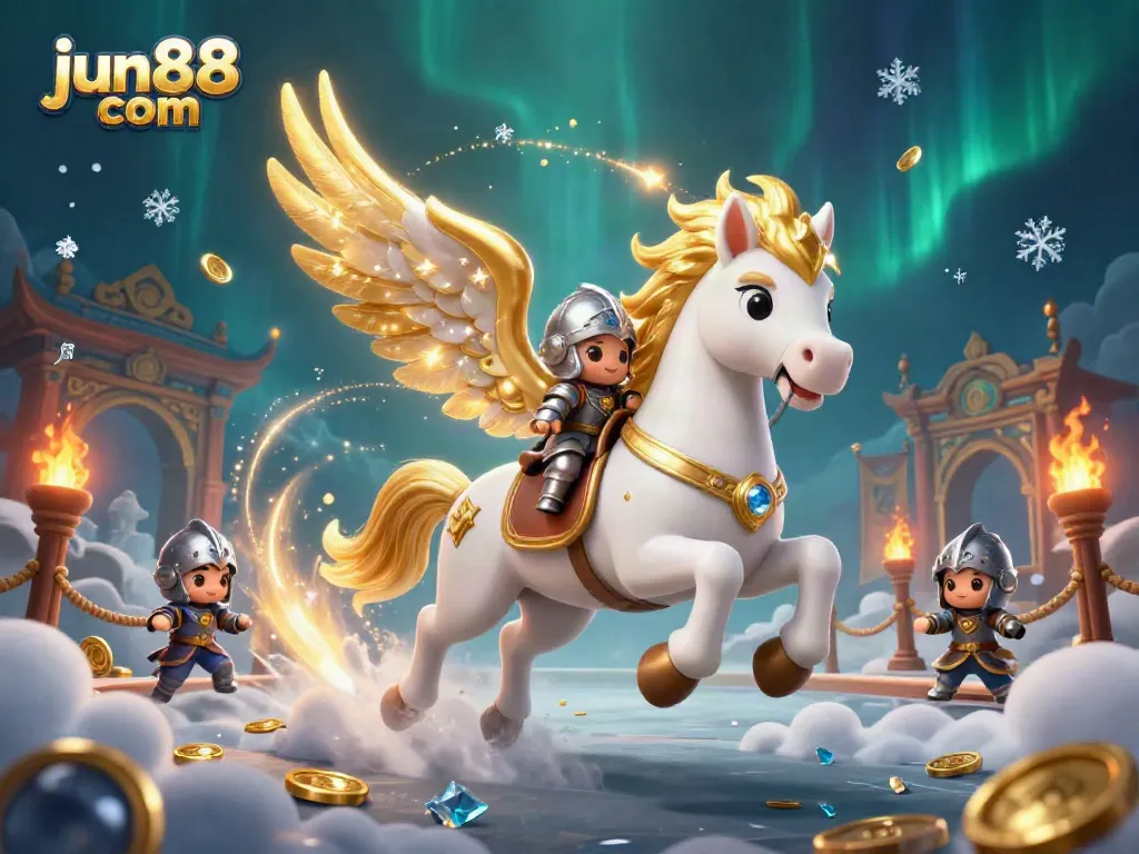 Experience thrilling gameplay at jun88 com with a majestic white horse soaring through a festive casino scene.
