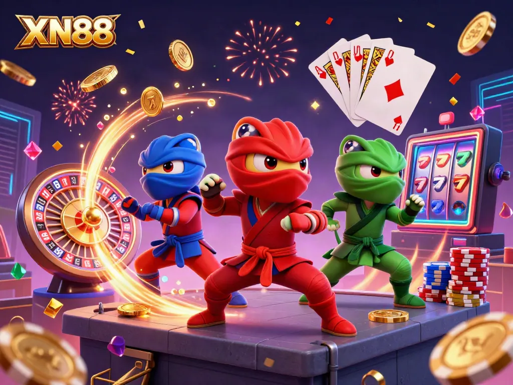 Experience XN88 with lively chameleons and energetic casino elements in a vibrant 3D illustration.