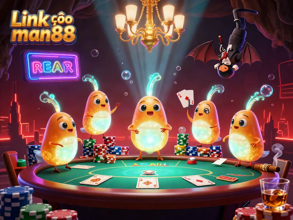 Experience the excitement of Link vào man88 with an illuminated cave casino scene full of vibrant characters.