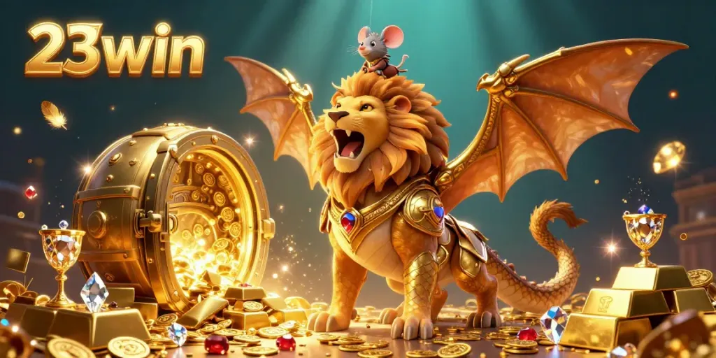 Experience triumph with 23win's dazzling casino adventure featuring a golden chimera and treasure.