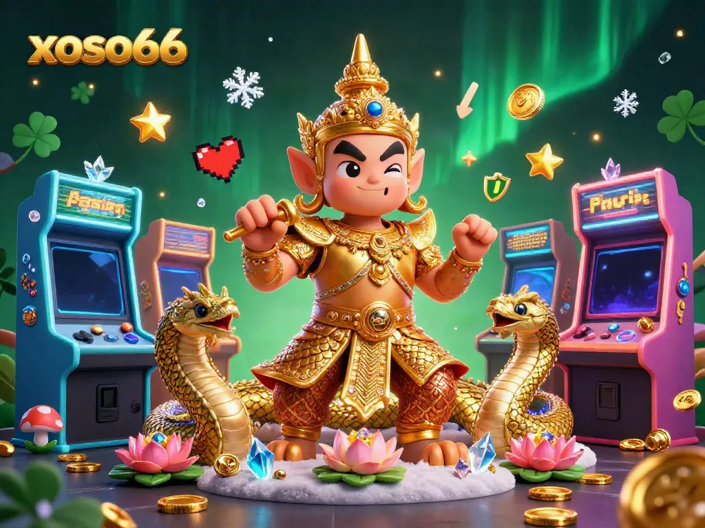 Experience exciting gaming with xoso66 as a golden yaksha guardian accompanies players through thrilling arcade challenges.