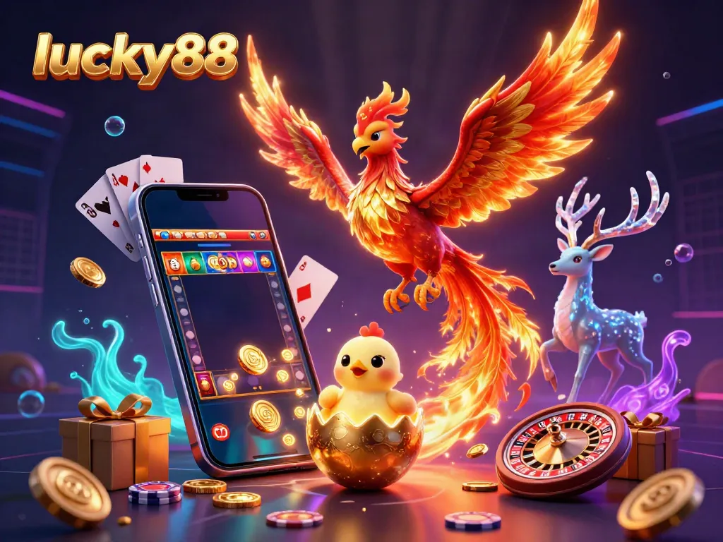 Experience thrilling gameplay with lucky88; a vibrant phoenix and a mystical stag amidst a dynamic casino scene.